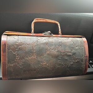 1970s Hand-Carved Wooden Bag | Vintage Folk Art Purse | Etched Floral Design